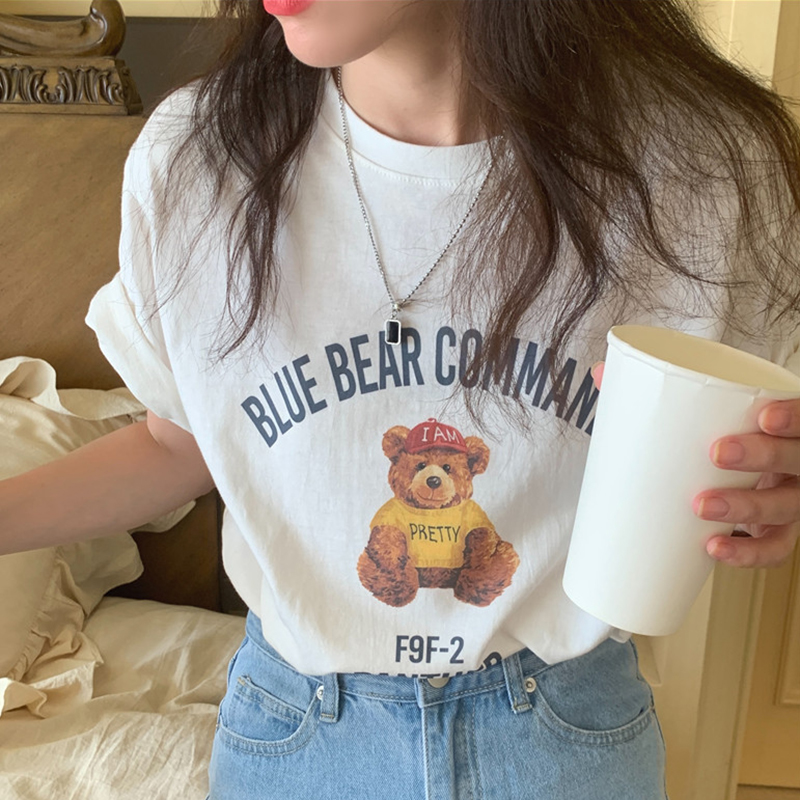 ラウンドネック ベアプリント ロゴ入り ゆったり半袖Tシャツ