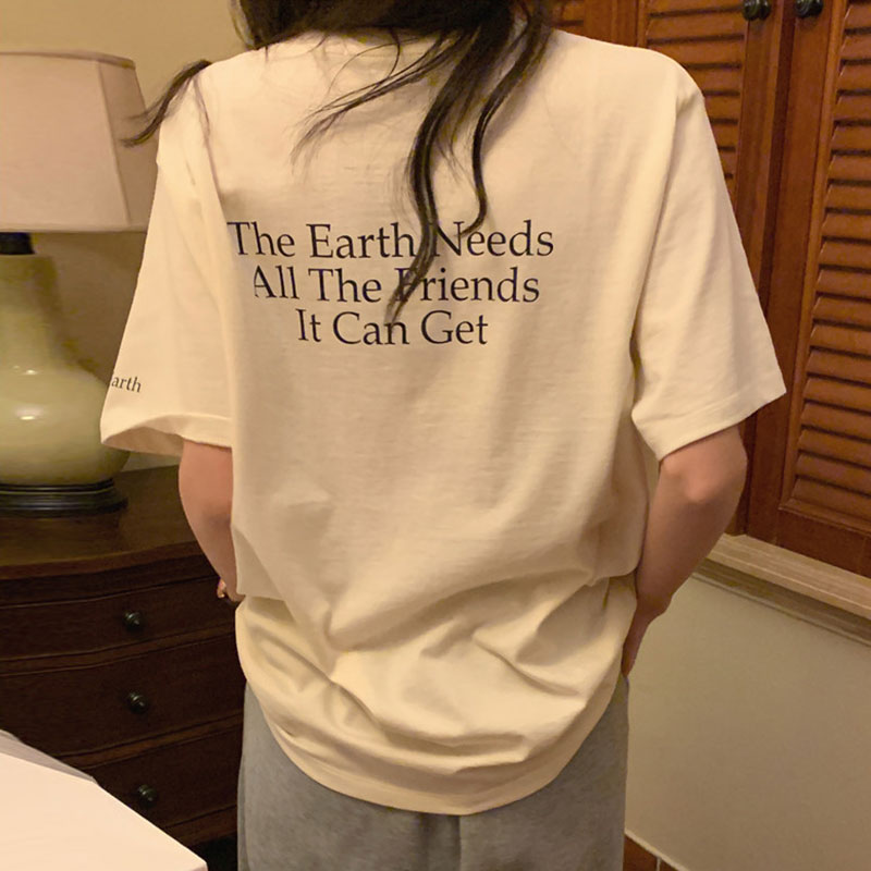ラウンドネック バックロゴプリント ゆったり半袖Tシャツ
