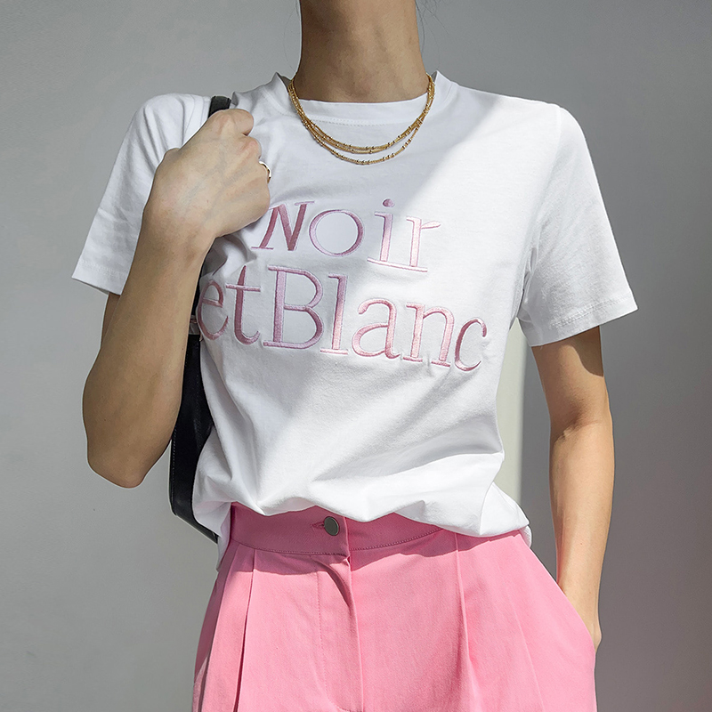 ラウンドネック 刺繍ロゴデザイン ゆったり半袖Tシャツ