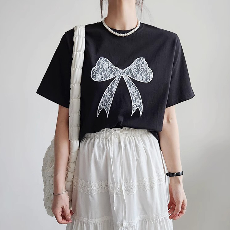 レースリボン 配色デザイン ゆったり半袖Tシャツ