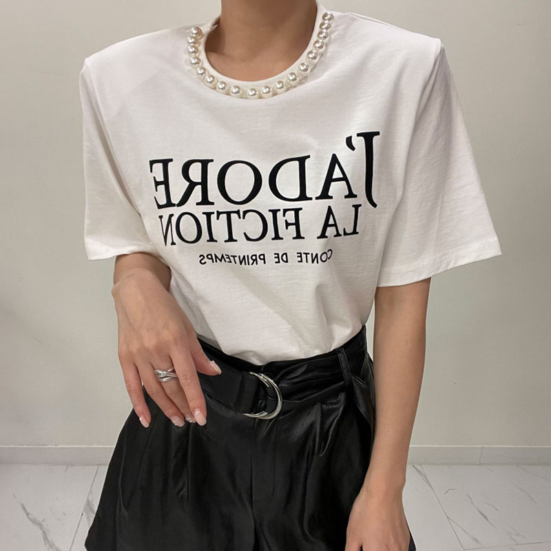 ラウンドネック パール装飾 ロゴプリント パッド入り半袖Tシャツ