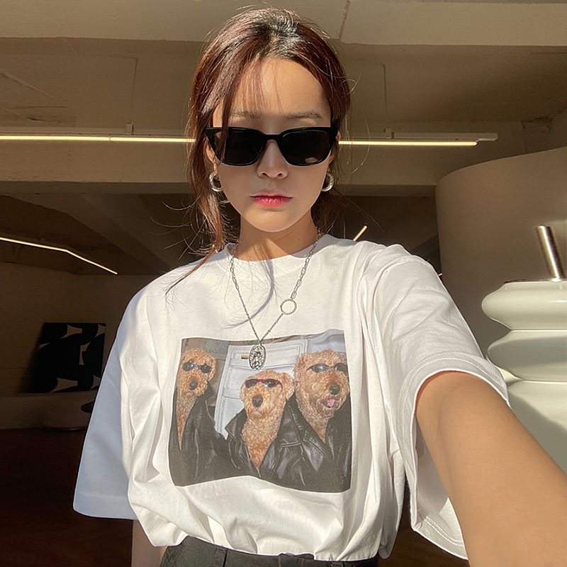 ラウンドネック ドッグプリント ゆったり半袖Tシャツ