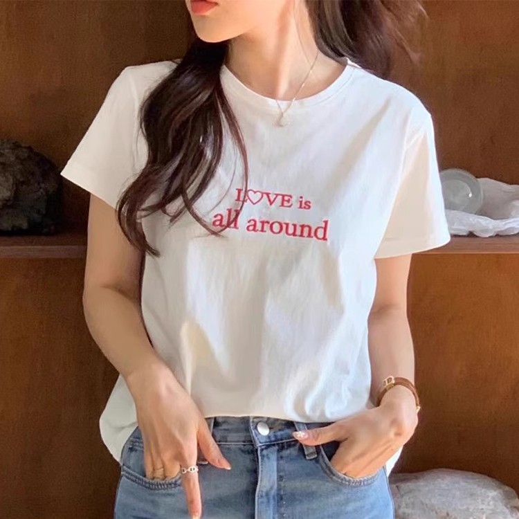 刺繍ロゴ配色プリント ゆったりコットン男女兼用 半袖Tシャツ