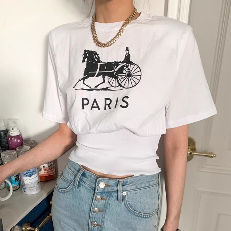 カートゥーンロゴプリント ウエストマーク ショート丈半袖Tシャツ