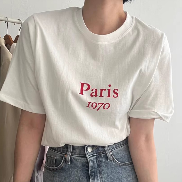 ラウンドネック 前後ロゴプリント 配色 ゆったり半袖Tシャツ
