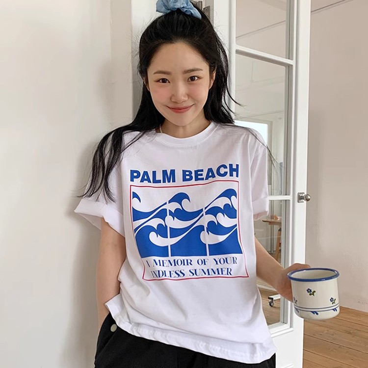 ラウンドネック ウェーブプリント ゆったり半袖Tシャツ