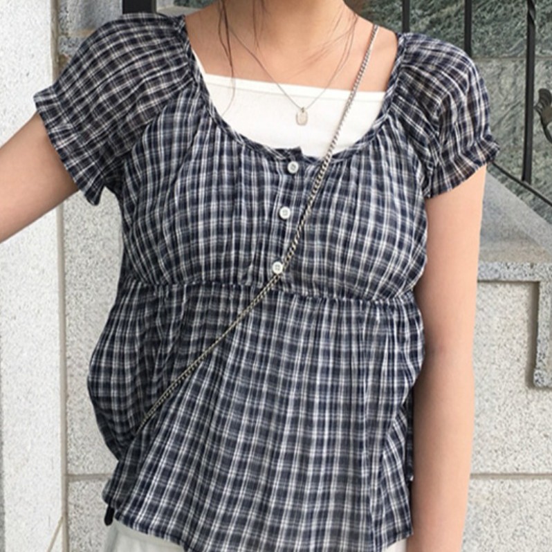 パフスリーブ ゆったりショート丈 ギンガムチェックシャツ