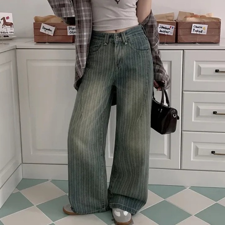 ヴィンテージ風ストライプ ストレートデニム ハイウエスト落ち感ワイドパンツ