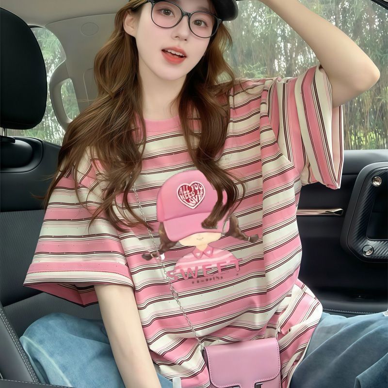 ストライプカラーブロック半袖Tシャツ・ゆったりトップス