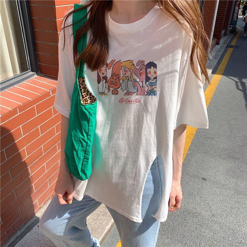 100％綿素材、韓国インス風のスリット入りゆったり半袖Tシャツ