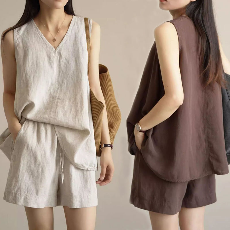 単品/セット選べる｜綿麻ノースリーブ×ドローストリングショートパンツ2点セット