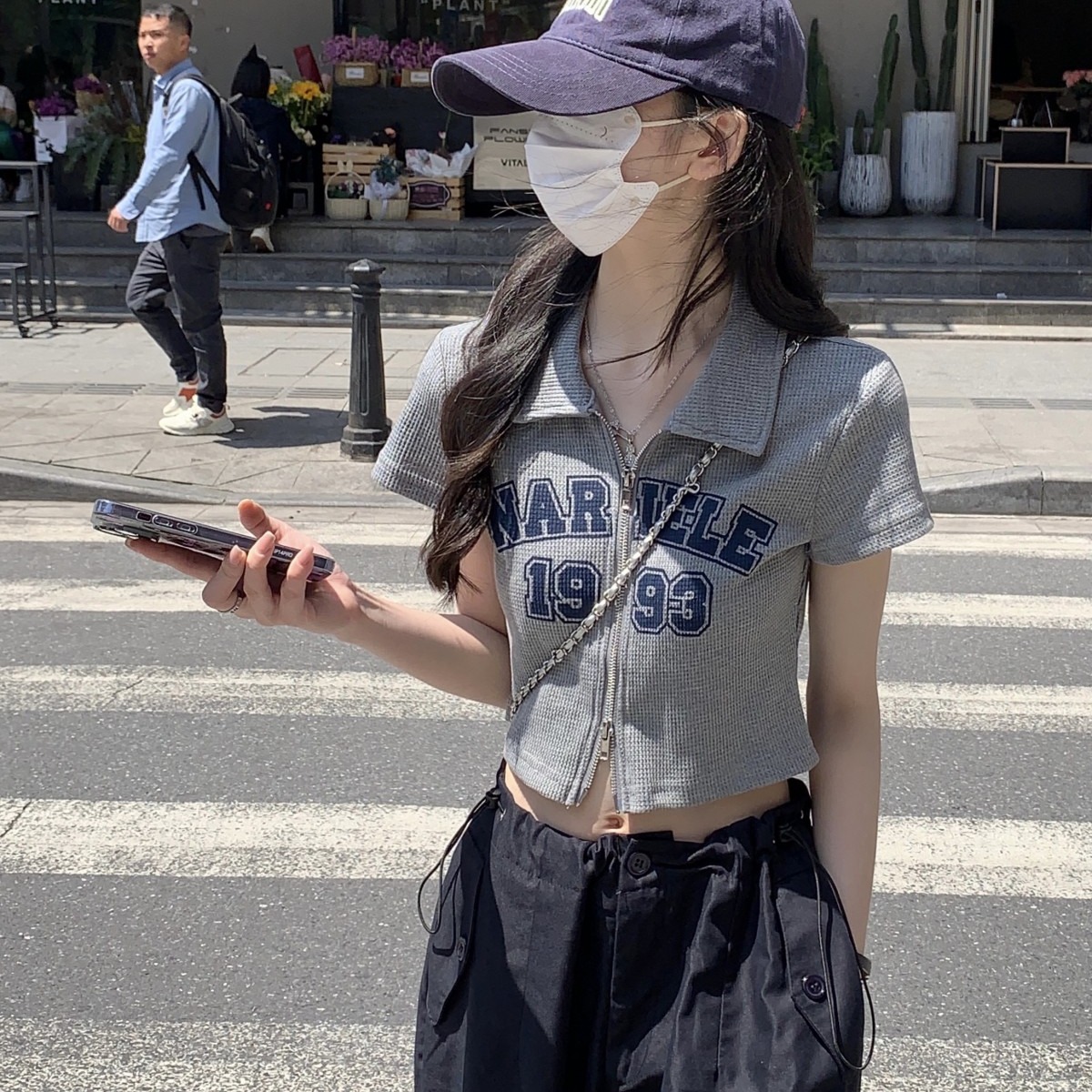 ポロカラー ダブルジップ ロゴプリント ワッフル素材 クロップドTシャツ