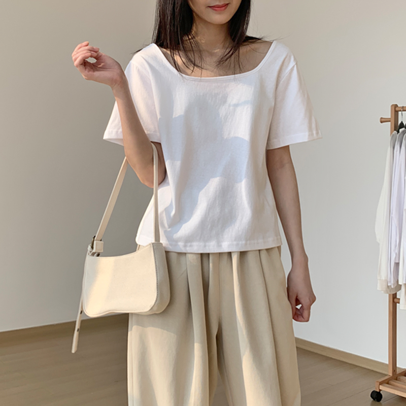 無地 Uネック ワイドシルエット コットン半袖Tシャツ