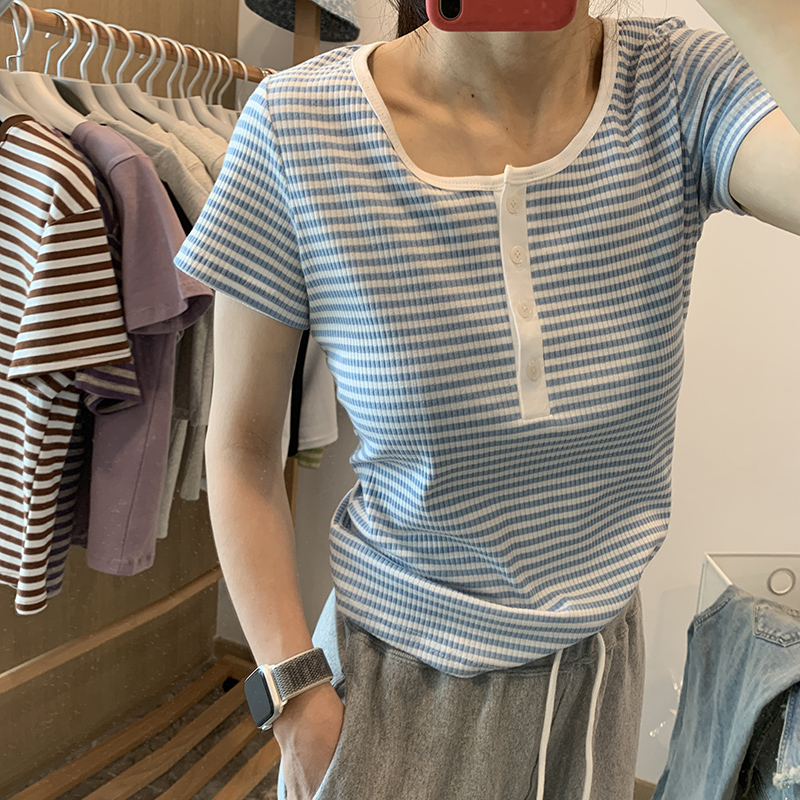 ブルー×ホワイト ストライプ ボタン付き ゆったりTシャツ