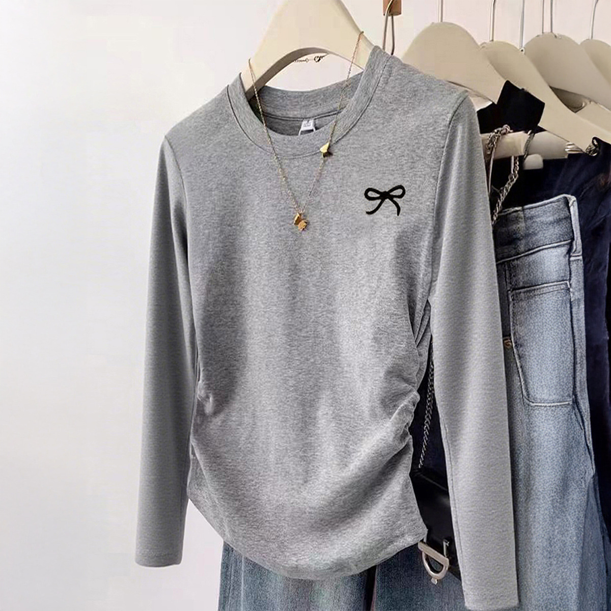シンプルリゾート無地長袖ニットTシャツ トップス