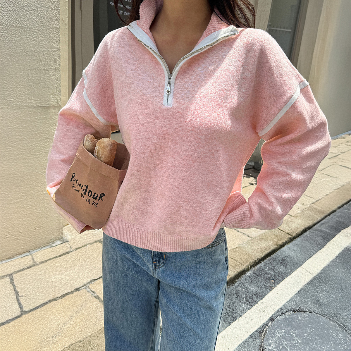 カジュアルシンプル無地長袖ジップニット ニットトップス