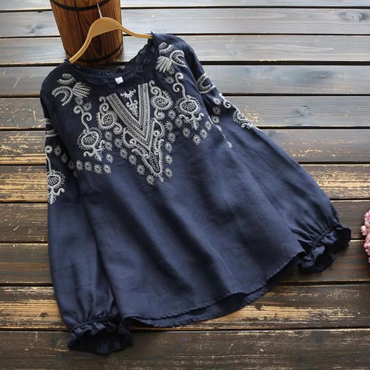 大きめサイズ ゆったり 民族風 刺繍ラウンドネックTシャツ 春秋用 綿麻シャツ