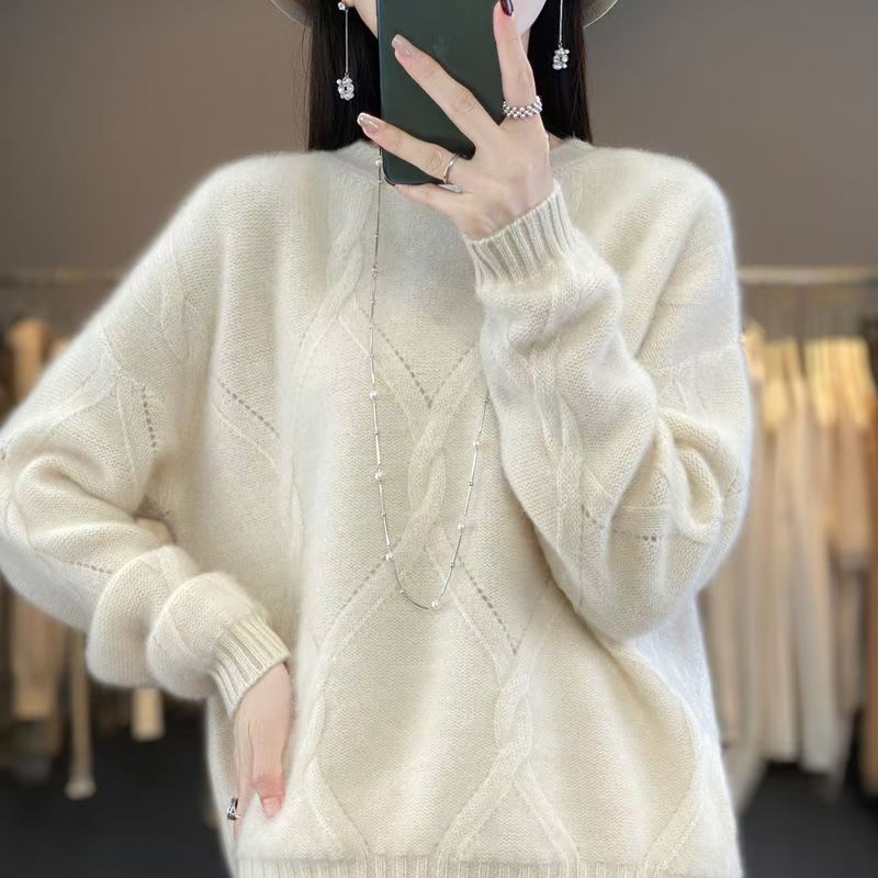 透かし編み ケーブルニット 丸首 ドロップショルダー プルオーバー