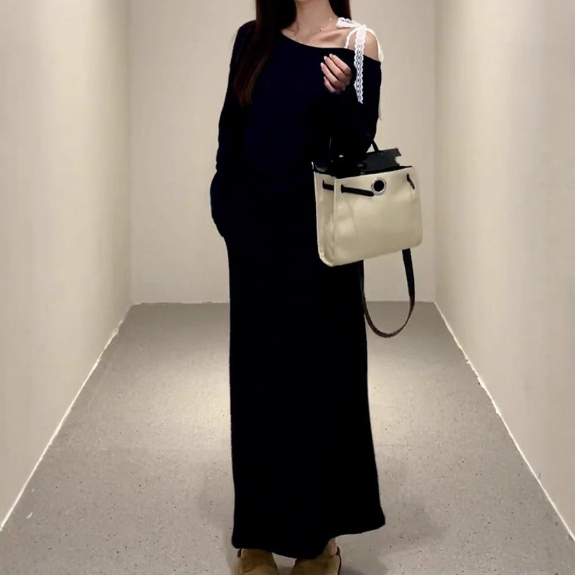 レース 蝶結び ニットトップス＋ハイウエスト スリット入り ロングスカート セットアップ