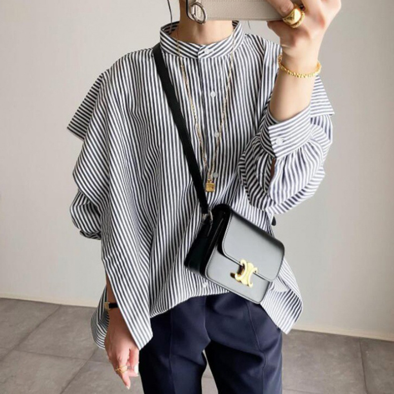 ストライプ柄スタンドカラー長袖シャツ