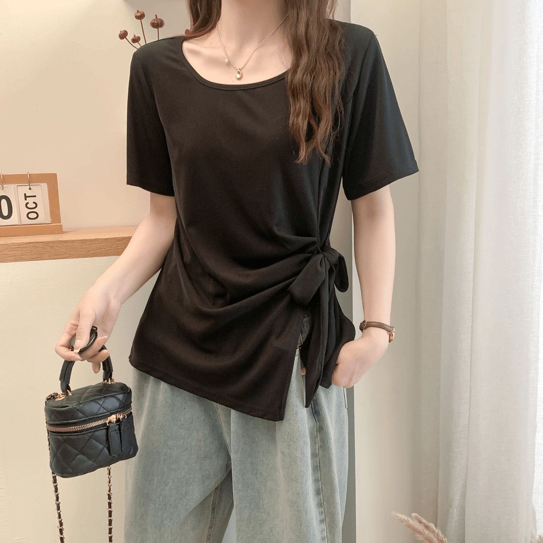 アシンメトリー ギャザー リボンポイント 半袖Tシャツ