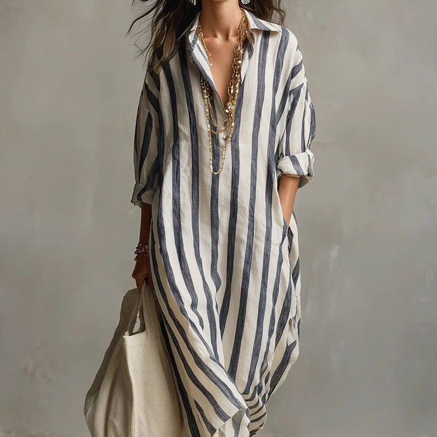 ルーズフィット Vネック ロングシャツワンピース