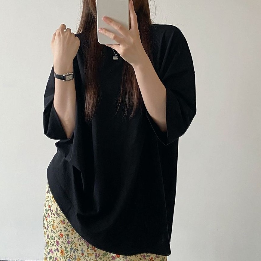 베이직 느낌 루즈 드롭숄더 7부 티셔츠 데일리 오버핏 상의