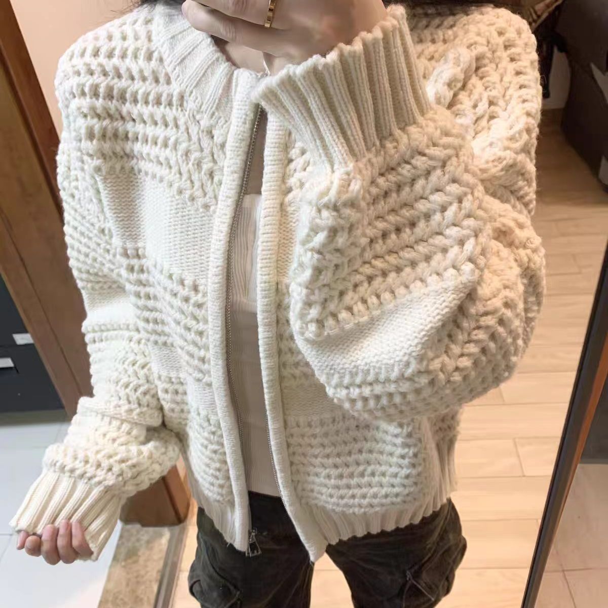 ノーカラー ジップオープン 長袖 ルーズフィット ショートカーディガン