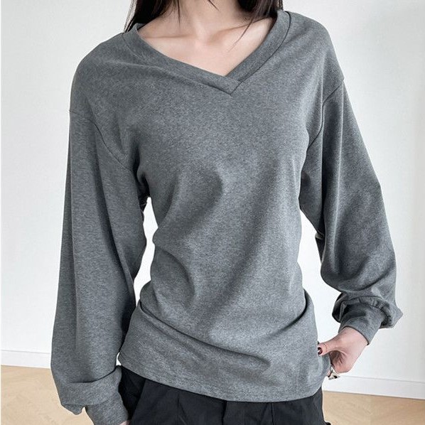 Vネック バックストラップ ルーズフィット 長袖Tシャツ