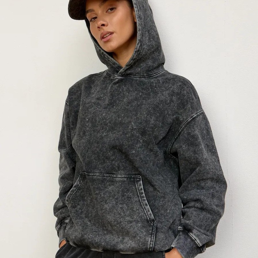 フード付き ウォッシュ加工 オーバーサイズ ジップアップパーカー