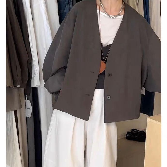 ノーカラー ショート ルーズジャケット レディース デイリーアウター