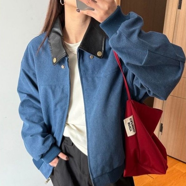 オーバーサイズ 襟付き ジップアップ クロップドジャケット