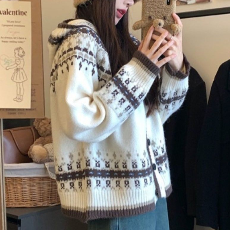 フード付き 長袖 パターンオープンカーディガン