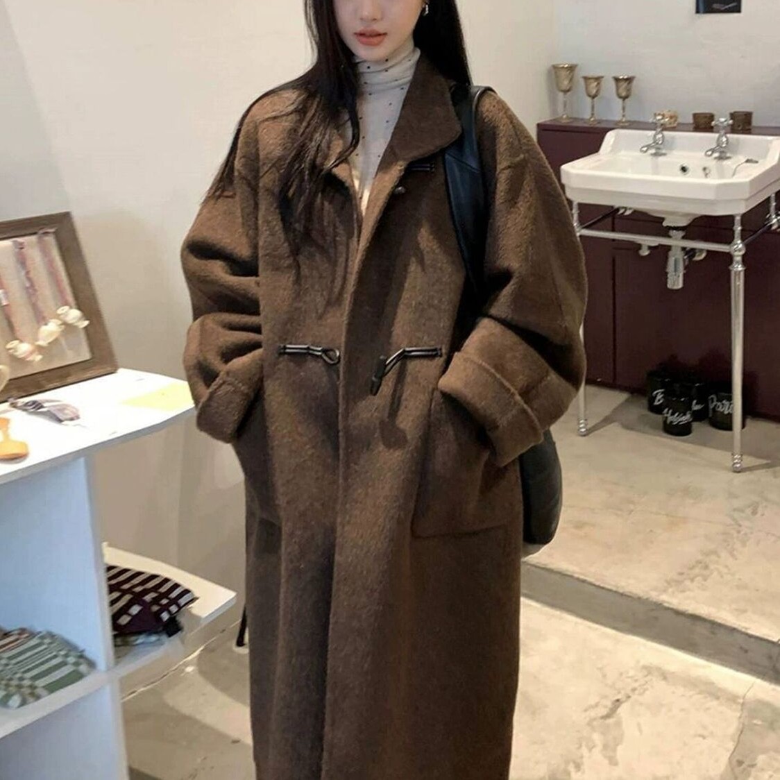 襟付き ダッフルボタン ビッグポケット ルーズフィット ロングコート