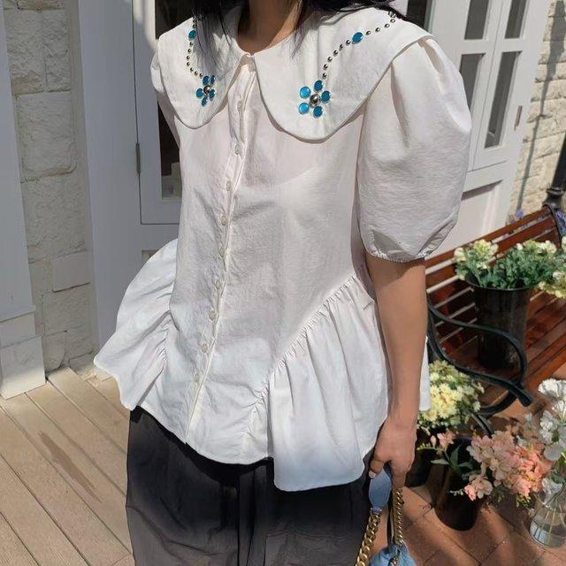 カジュアル 花モチーフ 襟付きパフスリーブブラウス