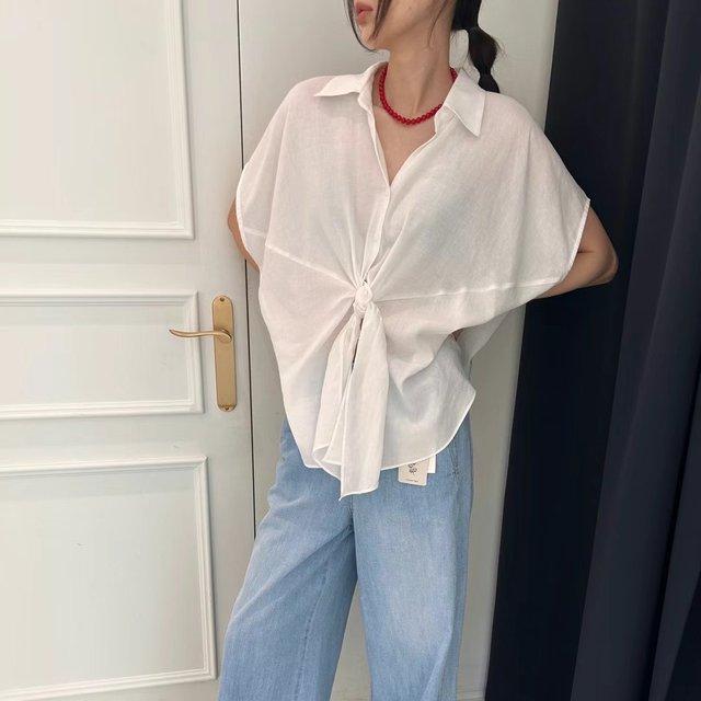 ルーズフィット リボンタイ半袖ブラウス