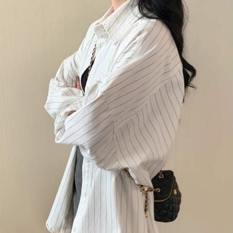 縦柄 ロング丈 オーバーサイズ 長袖 襟付きシャツ デイリー レディースブラウス