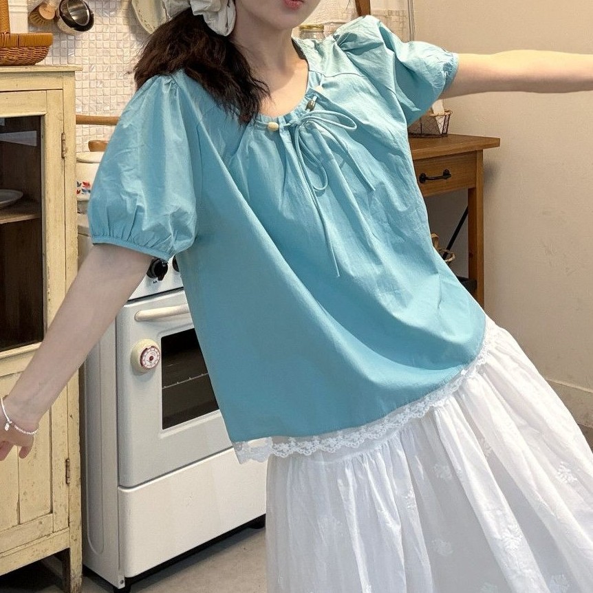 レディース スクエアネック リボン紐 パフ半袖ブラウス ルーズ ベビードールフィット 夏 デイリーTシャツ 2色展開