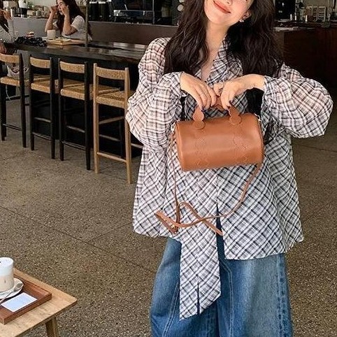 チェック柄リボンタイシャツ ゆったりロングシャツ レディース