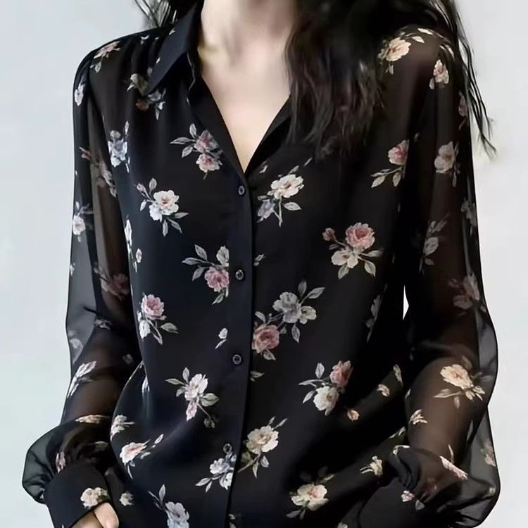 ロングスリーブ 花柄プリント 前ボタン ルーズシルエットシャツ