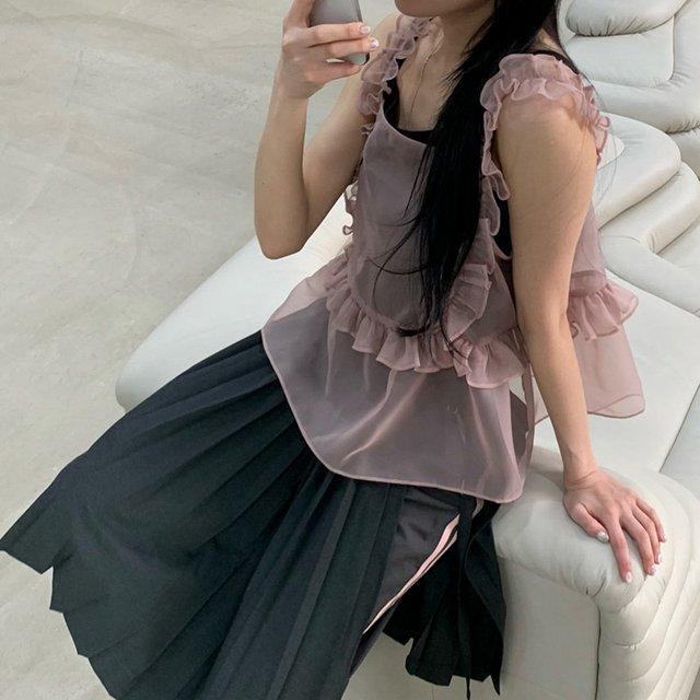 フリル装飾 ノースリーブ オーバーレイTシャツ