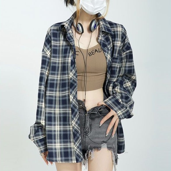 襟付き オーバーサイズ長袖チェックシャツ
