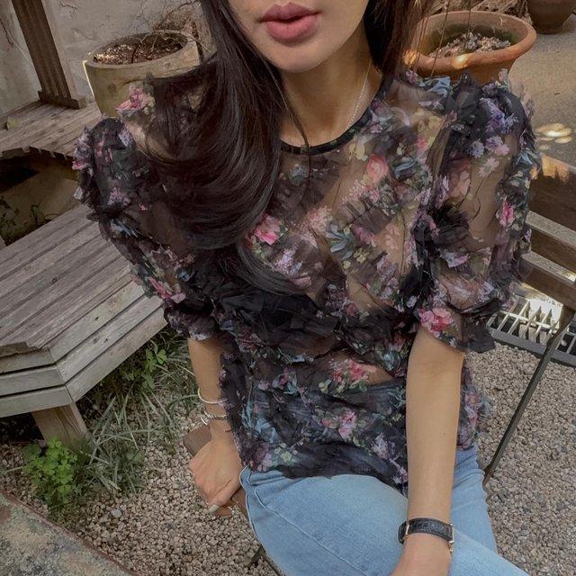 シアー 花柄パフスリーブブラウス