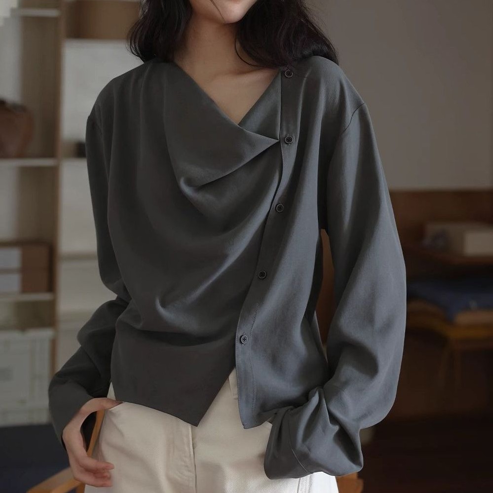 ドレープネック 長袖 サイドボタン ブラウス "home-products"