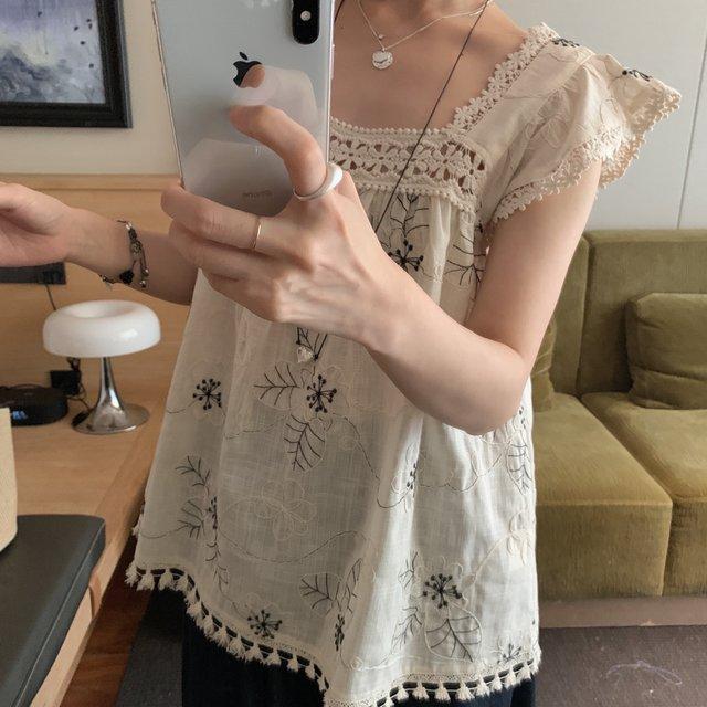 花柄 フリルスリーブ ブラウス ワイドパンツ セットアップ