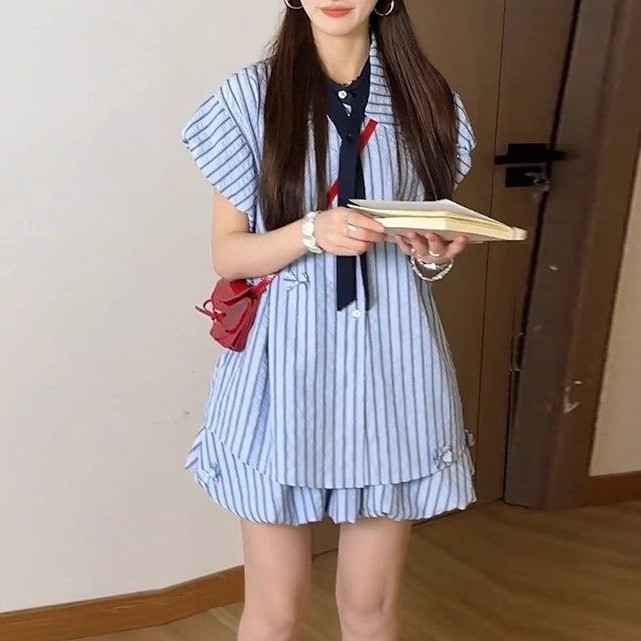 ブルーストライプ シャツ・ショートパンツ セット