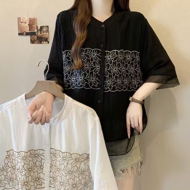 ハイネック半袖花柄刺繍オープンシャツ