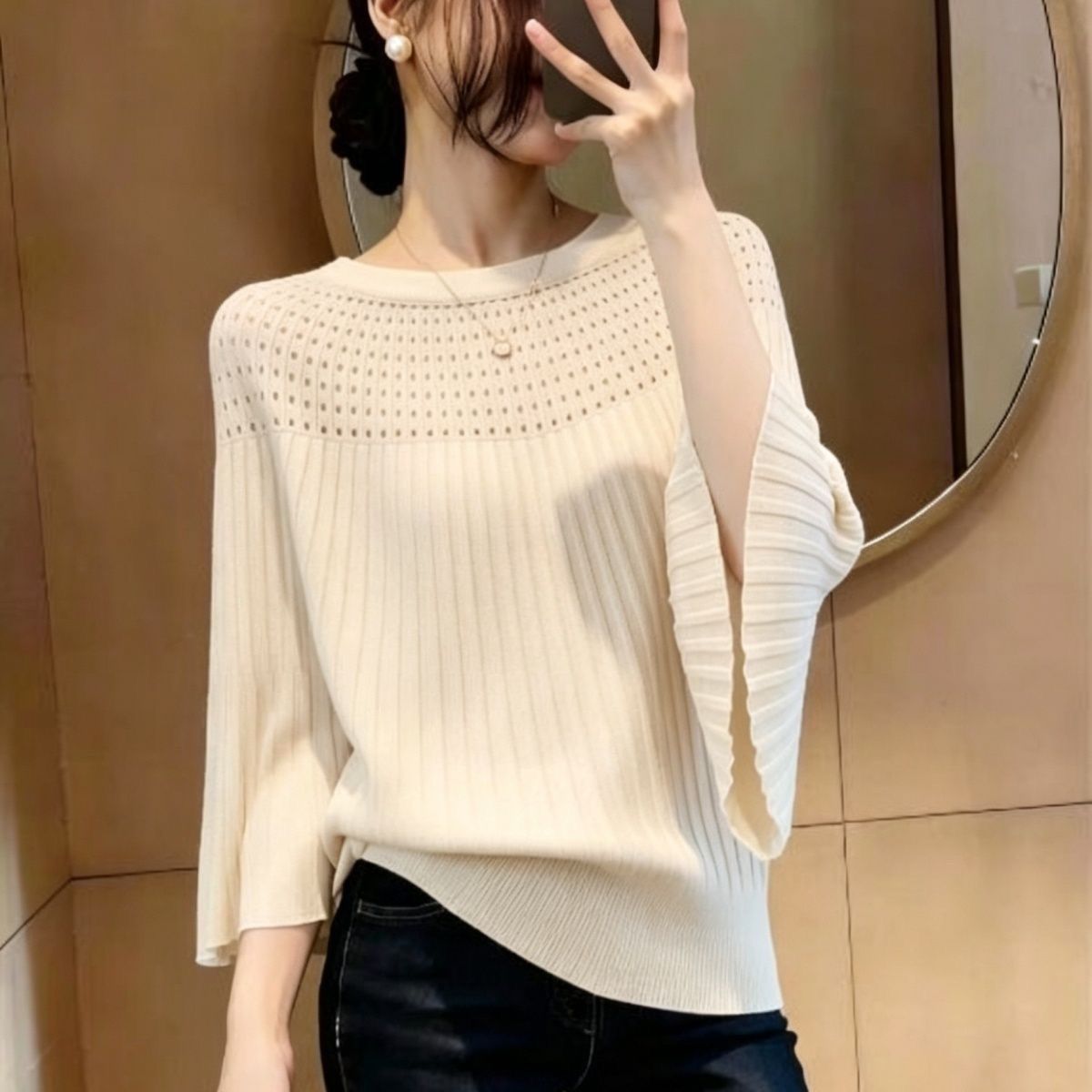 パンチング バルーンスリーブ ニットTシャツ