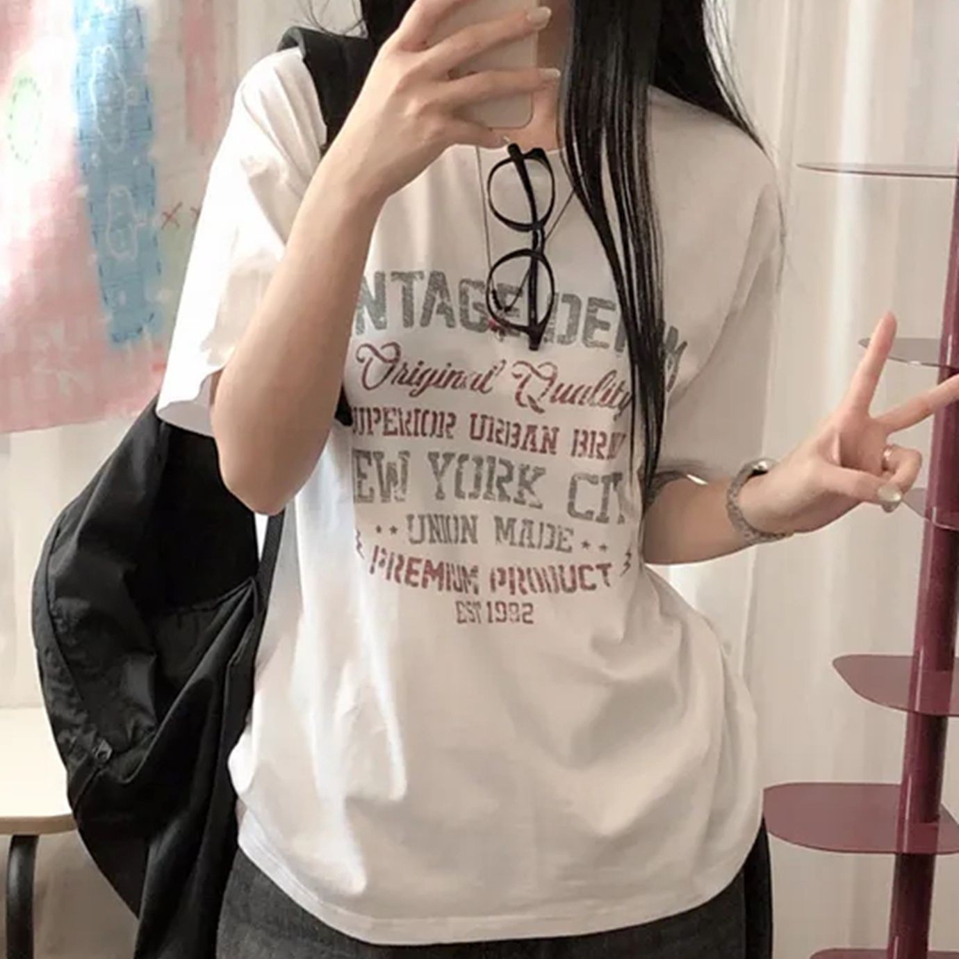 丸首ルーズレタリングカップル T シャツ