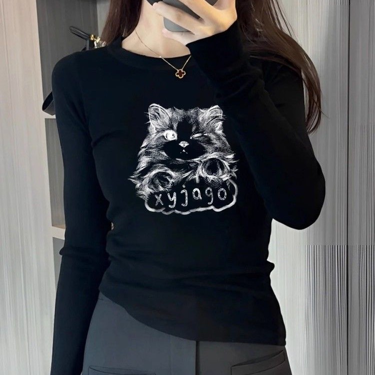 キャットプリント ラウンドネック 長袖Tシャツ
